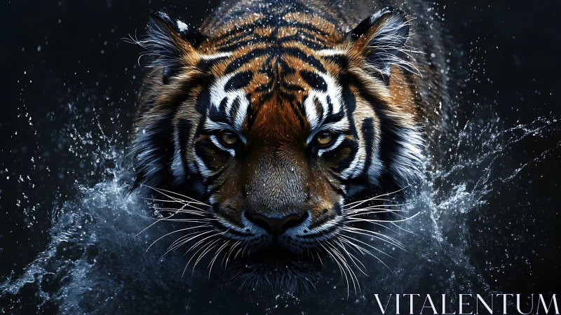 Tiger powers through dark water, eyes burning with focus.