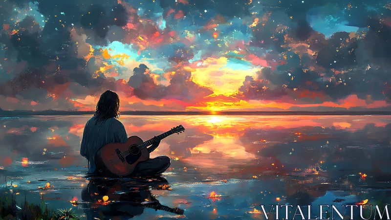 Digital painting of guitarist at reflective sunset shoreline.