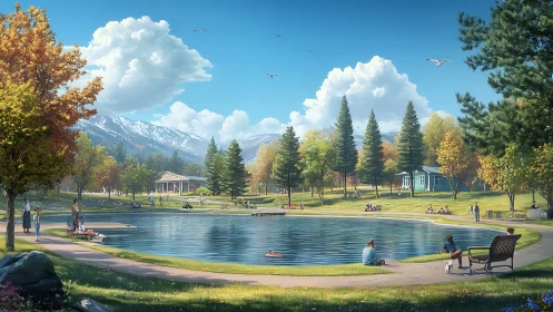 Sunlit mountain park lake welcomes relaxed weekend visitors