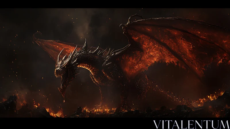 Volcanic dragon over burning landscape in dark setting.