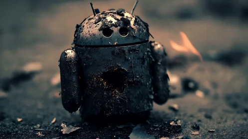 Burnt battle-scarred android robot in desolate wasteland.