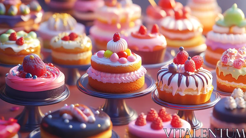 Assorted Decorative Cakes on Display Stands.