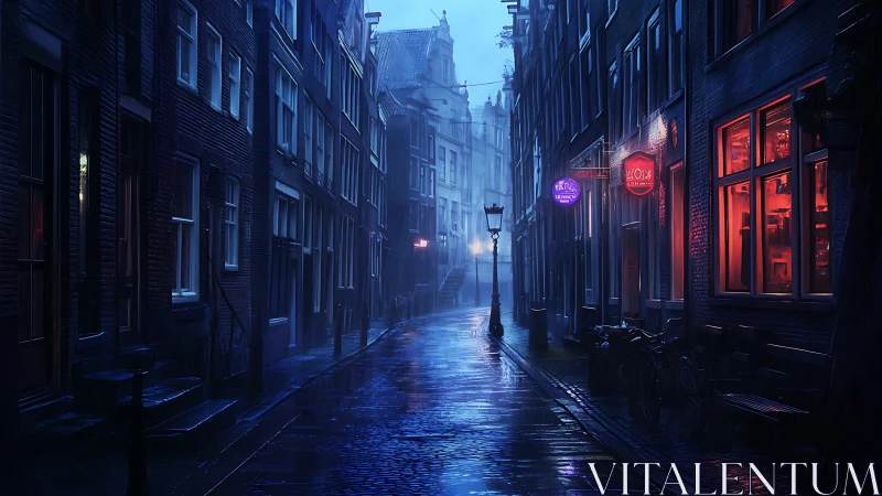 Rainy European alley with neon signs and wet cobblestone street.
