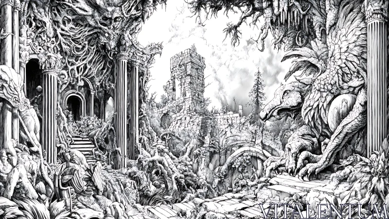 Ruined temple landscape with rooted monsters and guardian beast.