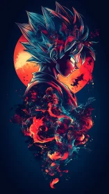 Energetic anime warrior silhouette in fiery nebula profile.