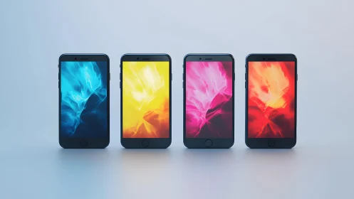 Four smartphones with vibrant abstract wallpapers in minimalistic style.