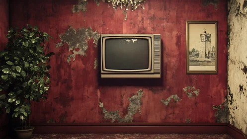 Aging CRT television suspended on distressed red plaster wall