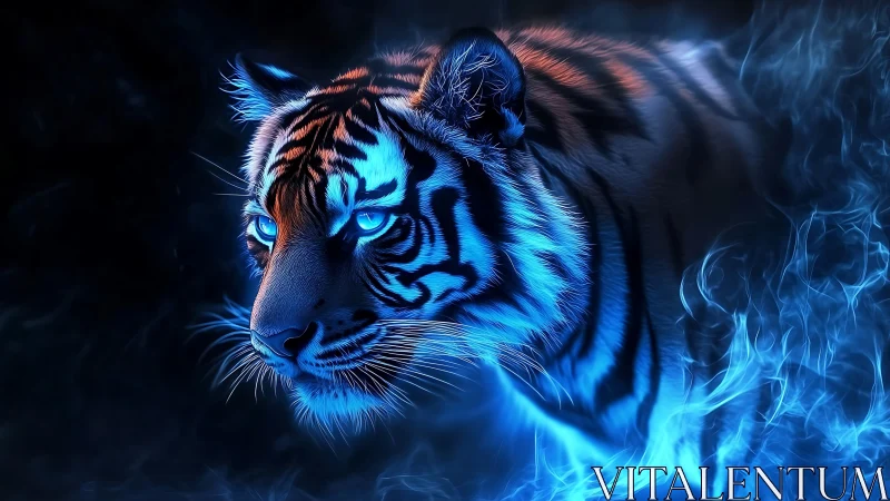 Spectral neon tiger prowls through electric sapphire mist.