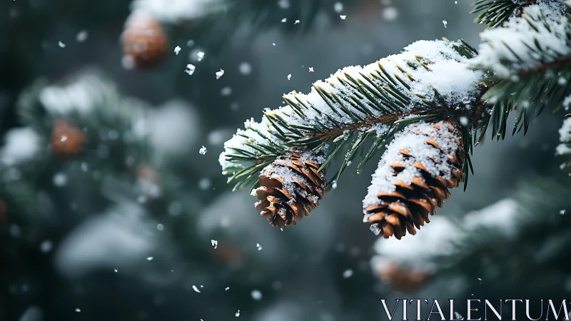 Snow covered pine branch with cones in shallow depth of field.