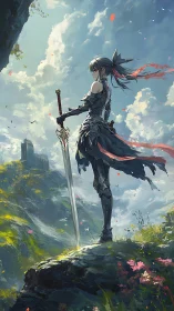 Armored swordswoman on cliffside overlook with distant citadel