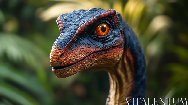 Curious jungle raptor studies the future through ember eyes