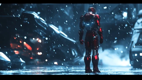 Backlit red exosuit in snowy urban alley with cinematic bokeh