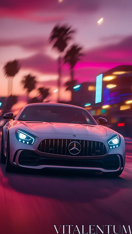 Mercedes sports car surges through neon sunset boulevard at speed.