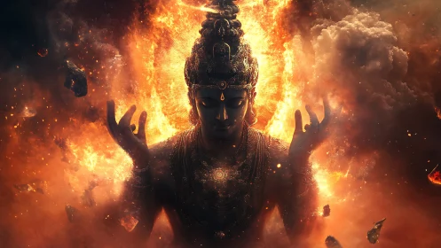 Deity-like figure stands amid radial fire and dense smoke