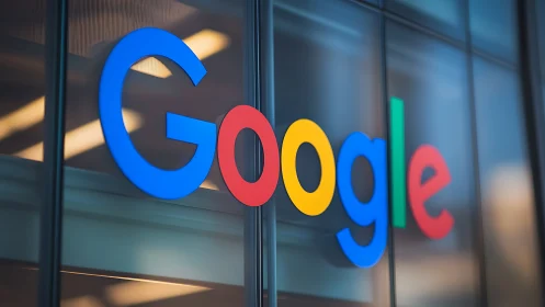 Google corporate logo is mounted on exterior glass facade