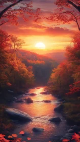 Autumn river sunset under glowing sky and scarlet trees.