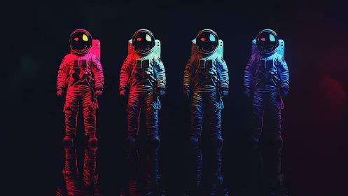Neon-splashed astronauts rehearse a silent parade in space