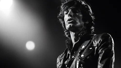 Monochrome stage portrait of male rock vocalist in leather jacket
