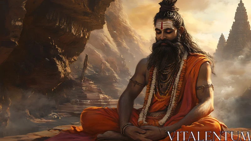 Meditating Hindu sage in orange robes before ancient temples.
