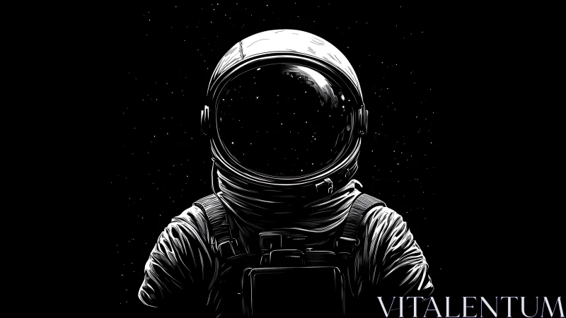 Monochrome frontal astronaut portrait against deep starfield