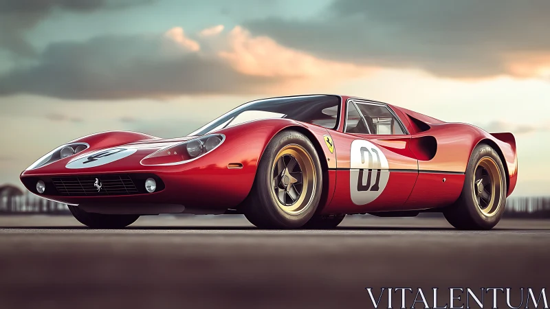 Vintage red race car glows at sunset on an empty track