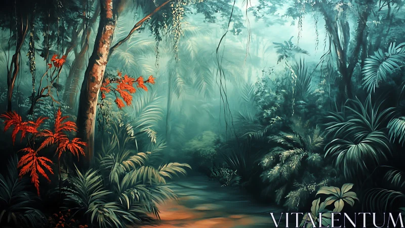 Misty Jungle Stream - Mystical Rainforest Digital Artwork