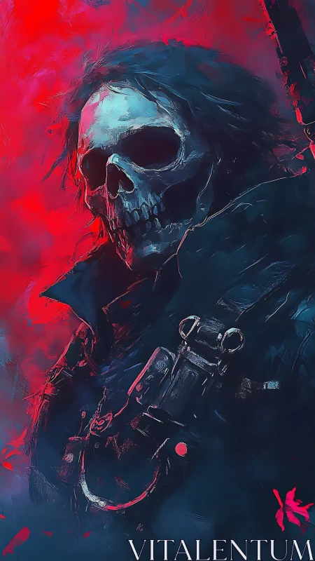 Crimson storm reaper strides through neon-torn twilight.