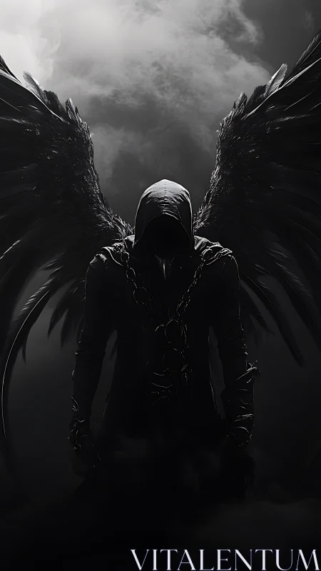 Shadowed fallen angel emerges from stormy monochrome sky