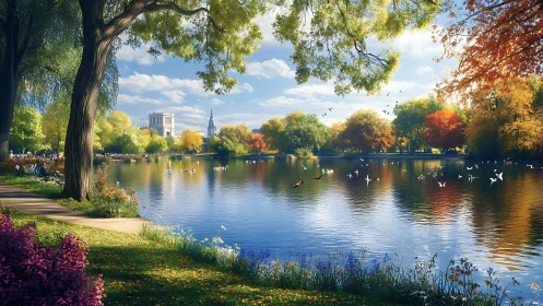 Lakeside city park under bright autumn foliage and birds.