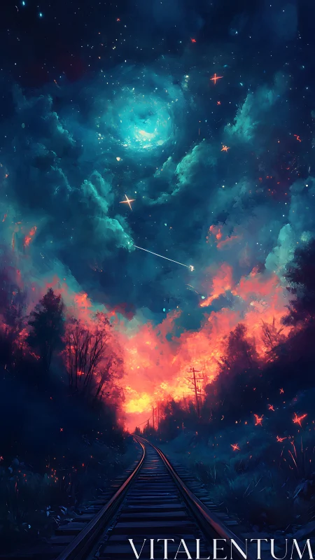 Railway perspective converges into nebular sky with luminous clouds