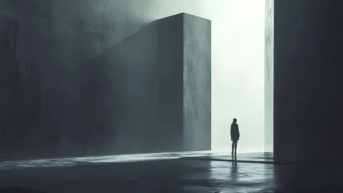 Solitary silhouette wandering through monolithic light corridors.