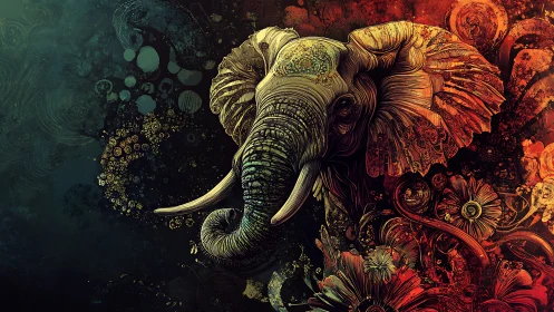 Ornate elephant portrait amid teal to ember florals.