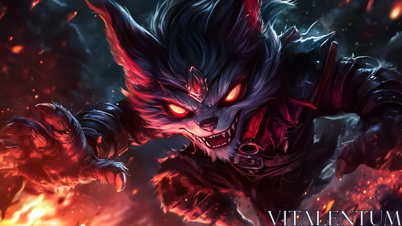 Ferocious neon-eyed wolf warrior lunging through embers.