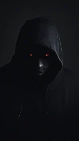 Dark hooded figure with glowing red eyes in shadow.