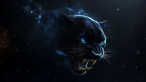 Black Panther with Glowing Blue Eyes Against Dark Background