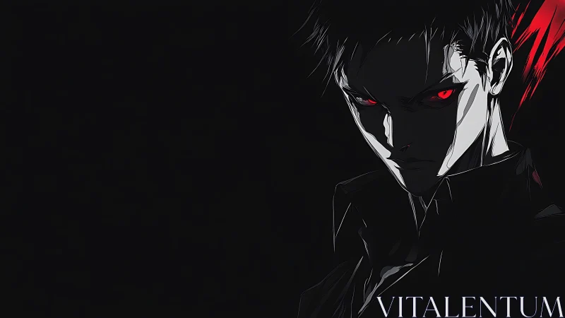 Dark anime antihero portrait with glowing red eyes.
