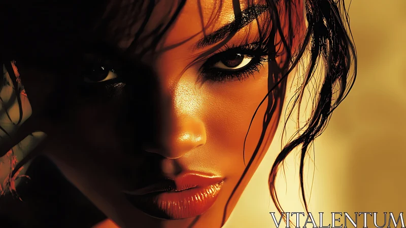 Digital close-up portrait of wet-haired female face in light.