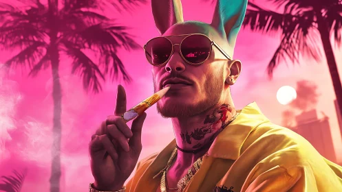 Neon tropical hare king in hyperreal vaporwave sunset scene.