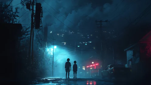 Nocturnal alley scene with two silhouetted children, neon haze