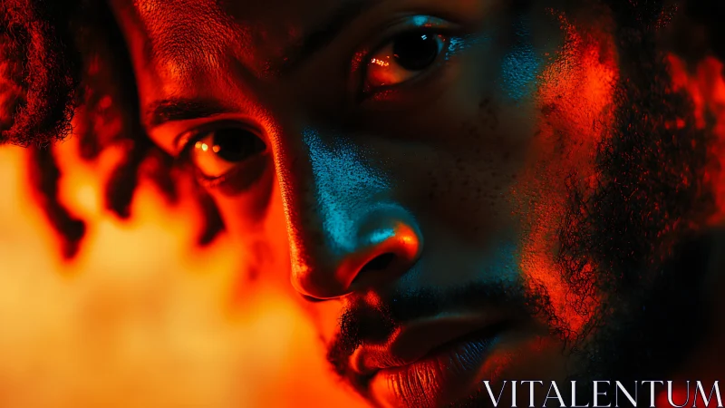 Portrait in intense red and blue dramatic lighting setup.