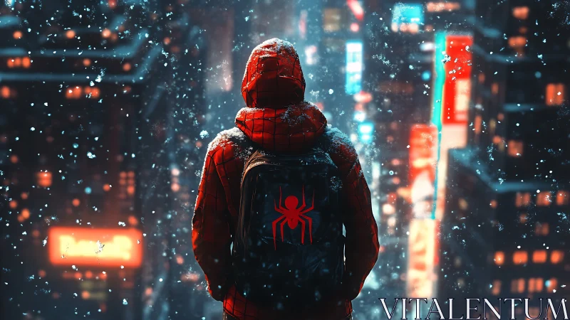 Hooded figure in red suit with spider emblem in snowy city.