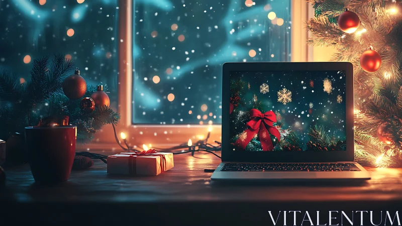 Laptop holiday glow beside festive window snowfall scene.
