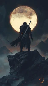 Lone dark warrior faces colossal moon above fiery cliffs.