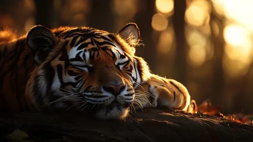 Sunlit forest nap with a gently dreaming tiger.
