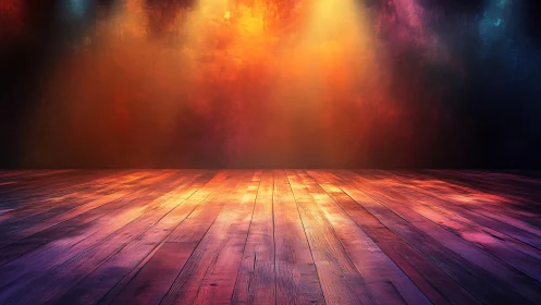 Empty wooden stage glows under dramatic colorful lights