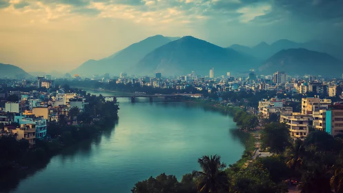 Tranquil riverside city waking gently beneath misty hills.