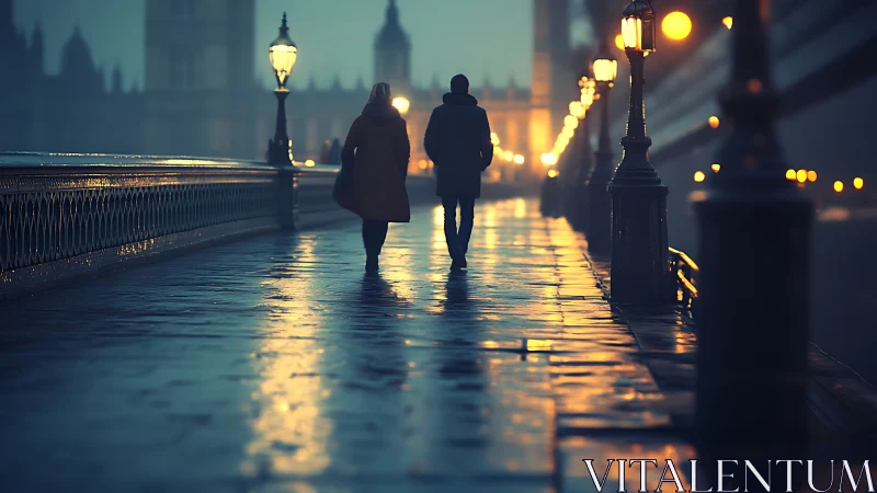 Couple walks misty London bridge under glowing lamplights.