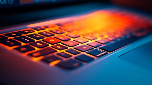 Backlit laptop keyboard under vivid orange blue glow.