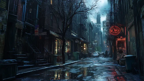Rain-soaked neon alley frames distant city skyline at dusk