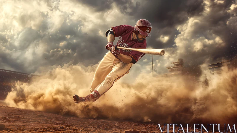 Baseball slugger drives through dust under stormy stadium skies